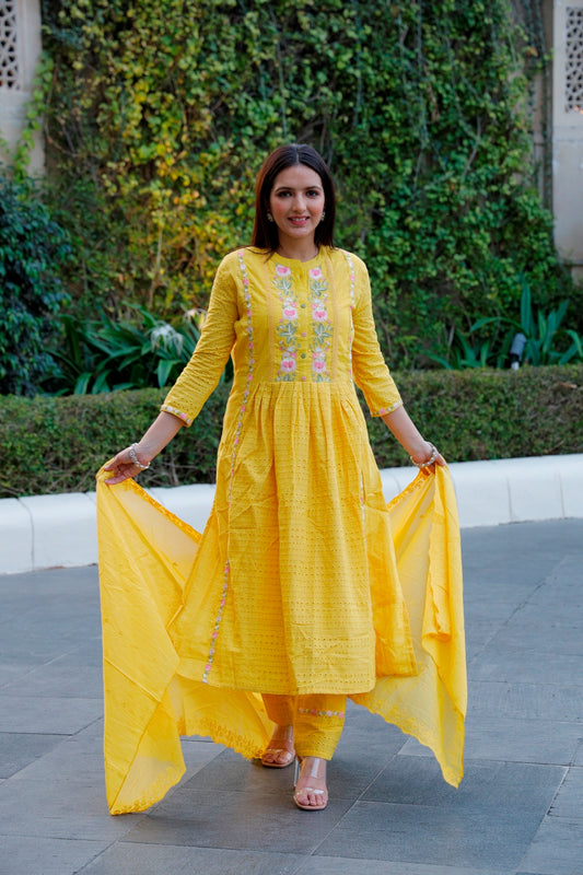 Yellow Cotton Shiffli Kurti, Pant & Dupatta Set