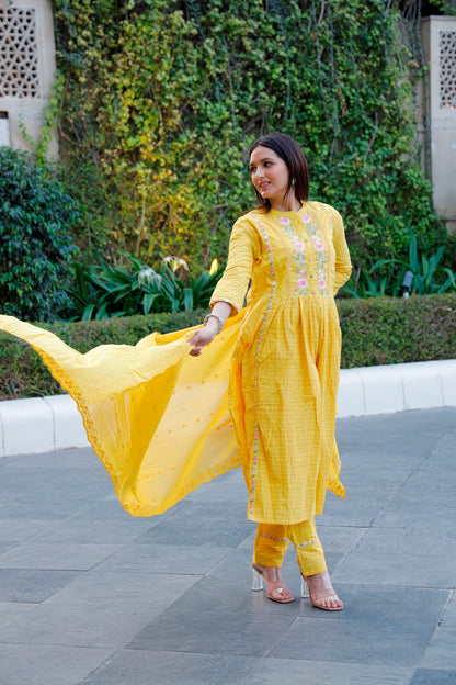 Yellow Cotton Shiffli Kurti, Pant & Dupatta Set