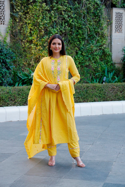 Yellow Cotton Shiffli Kurti, Pant & Dupatta Set