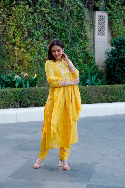 Yellow Cotton Shiffli Kurti, Pant & Dupatta Set