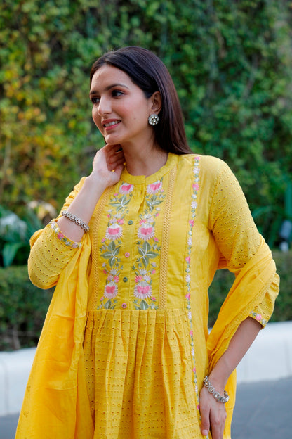 Yellow Cotton Shiffli Kurti, Pant & Dupatta Set