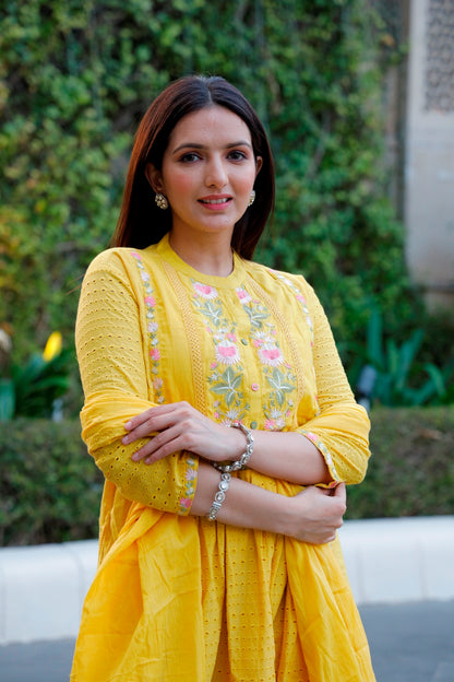 Yellow Cotton Shiffli Kurti, Pant & Dupatta Set