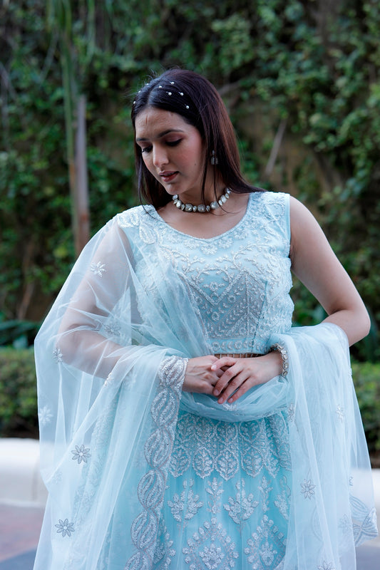 Powder Blue Crop Top Lehanga Set