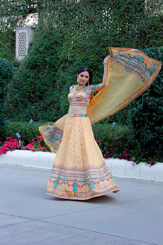 Yellow Multicolor Crop Top Lehanga Set