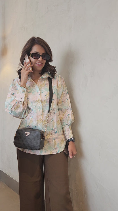 Beige Floral Print Cotton Top