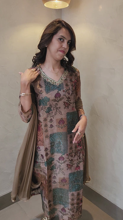 Brown Floral Print Kurta Pant & Dupatta Set